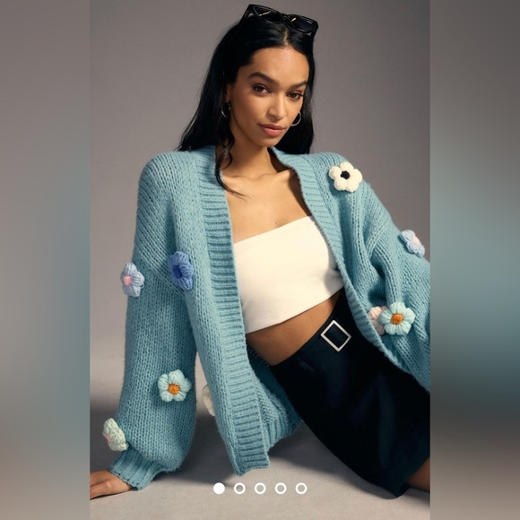 Anthropologie Duchamp Embroidered Chucky 3D Daisy Floral Knit Cardigan Sweater - Picture 4 of 11